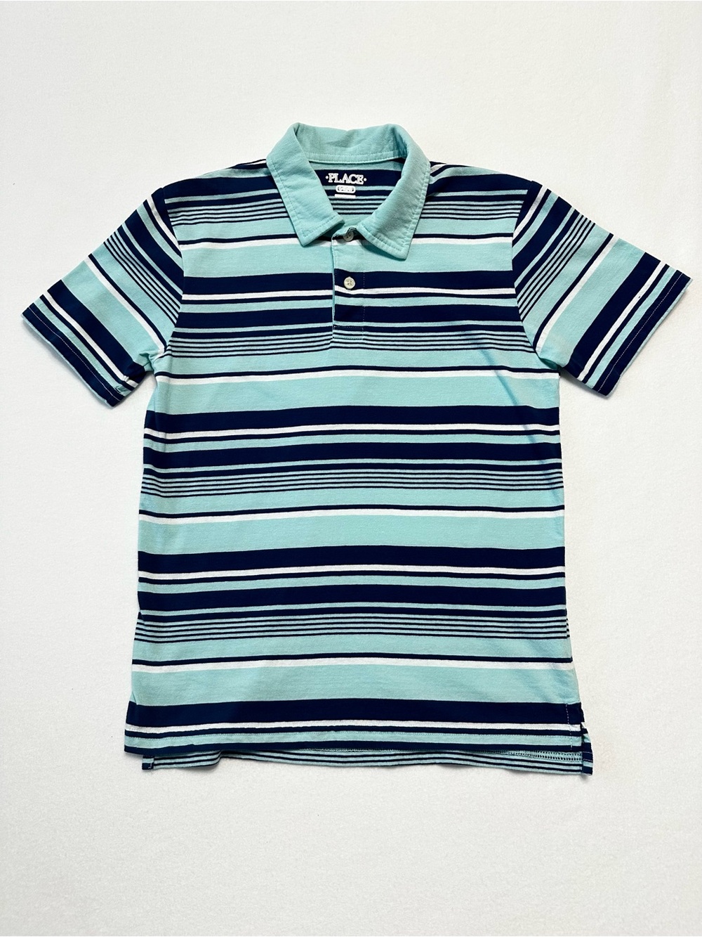 Children's Place Boys Striped Polo Shirt Large 10/12 Aqua Navy Short Sleeve